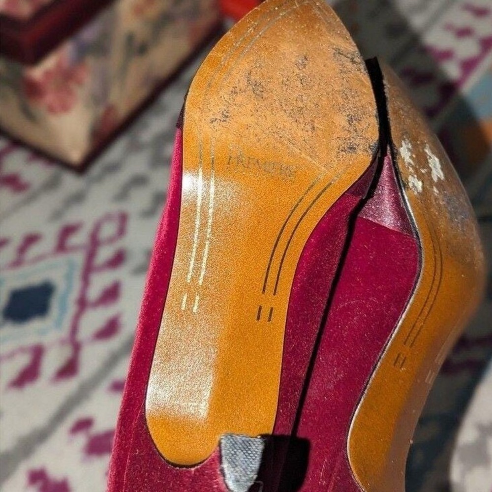 Vintage Coquette Burgundy Velvet Rhinestone Kitten Heels Premier Collections 7.5 - Picture 3 of 6